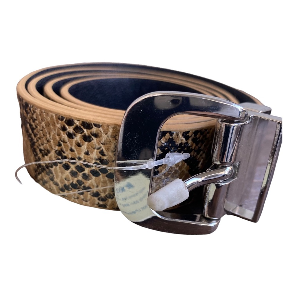 Linea Pelle Brown Black Reptile Snake Print‎ Silver Square Buckle Faux Belt
